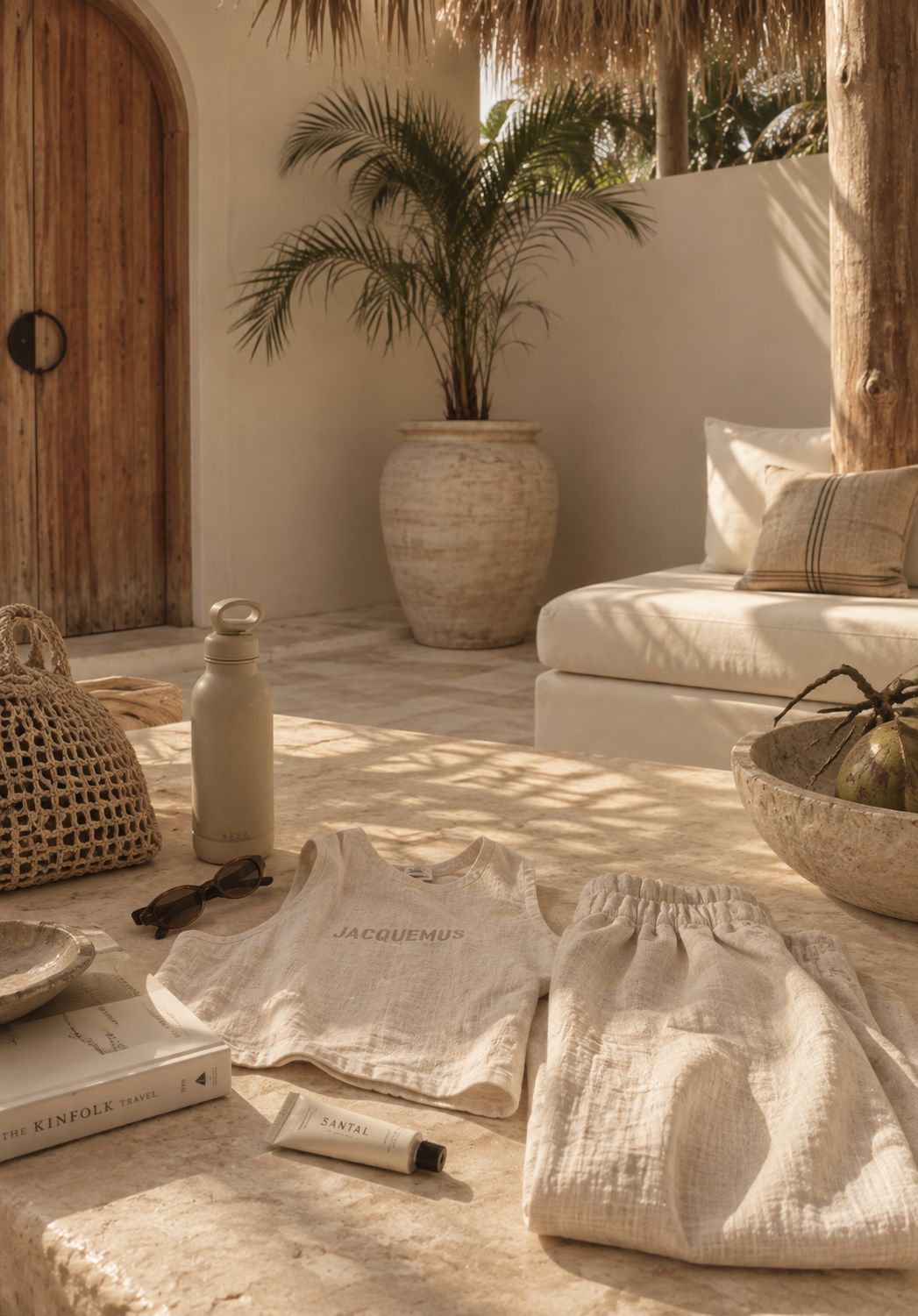 A still life of Jacquemus linen clothing, a water bottle, Santal lotion, a Kinfolk book and sunglasses on a limestone table.