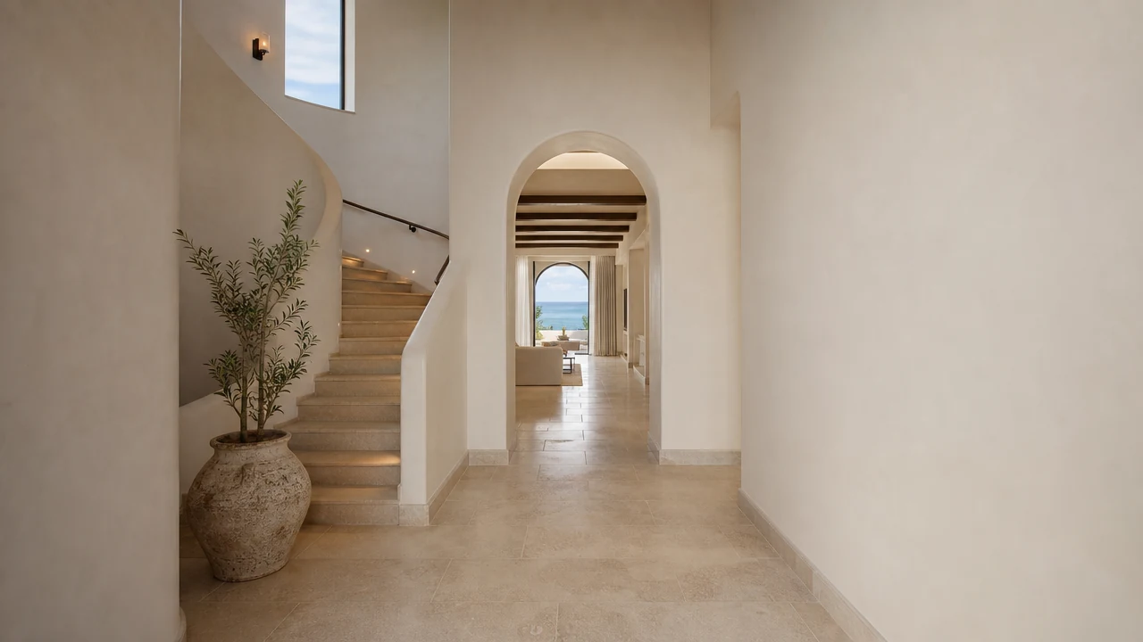 A sunlit off-white villa entry hall opening toward the sea