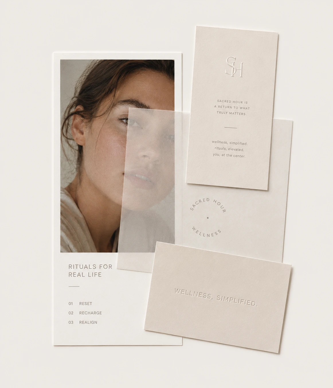 Portrait-led brand identity study on a warm stone surface
