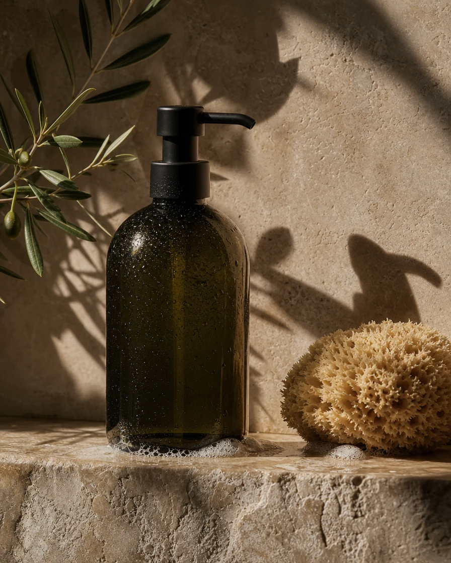 Dark olive glass pump bottle on a limestone ledge with a sea sponge