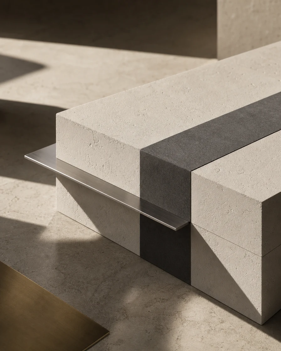 Architectural material study with plaster, charcoal paper and brushed steel