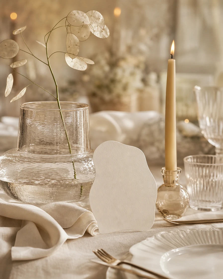 Glass, linen and candle arranged as an intimate events still life