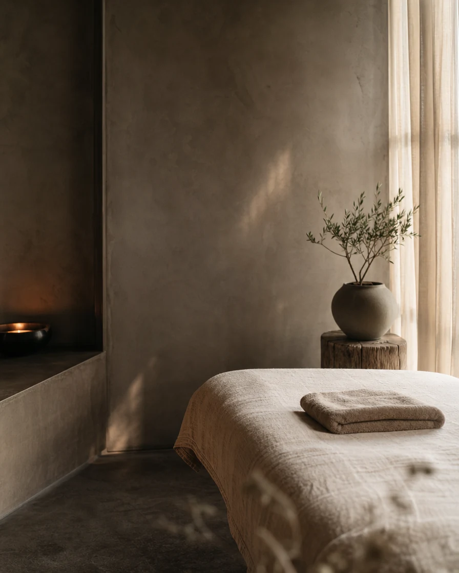 Quiet treatment-room vignette with linen, ceramic and window light