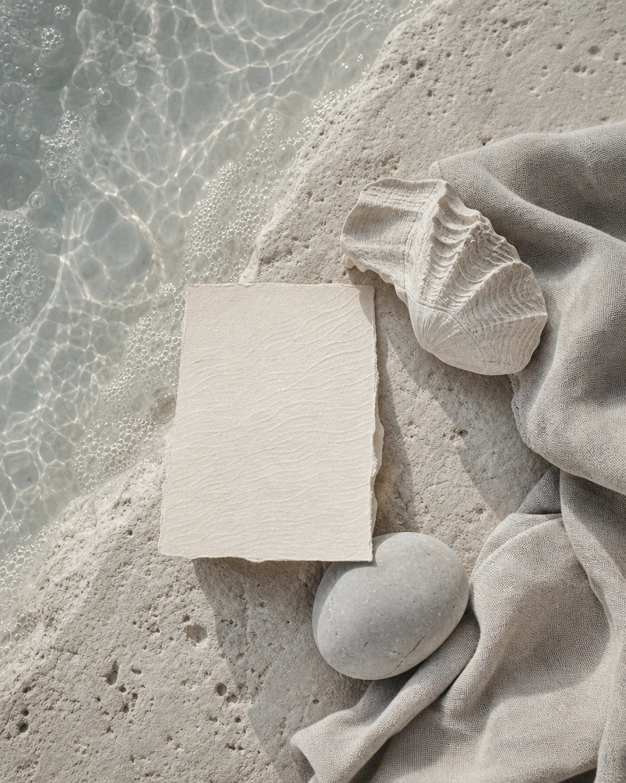Ivory invitation, shell and linen on pale limestone beside seawater