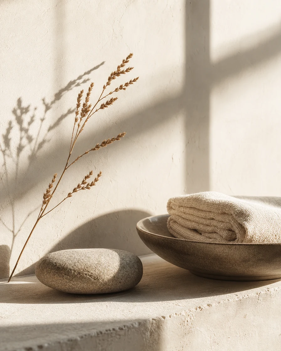 Stone, ceramic, towel and dried stem arranged on a plaster surface