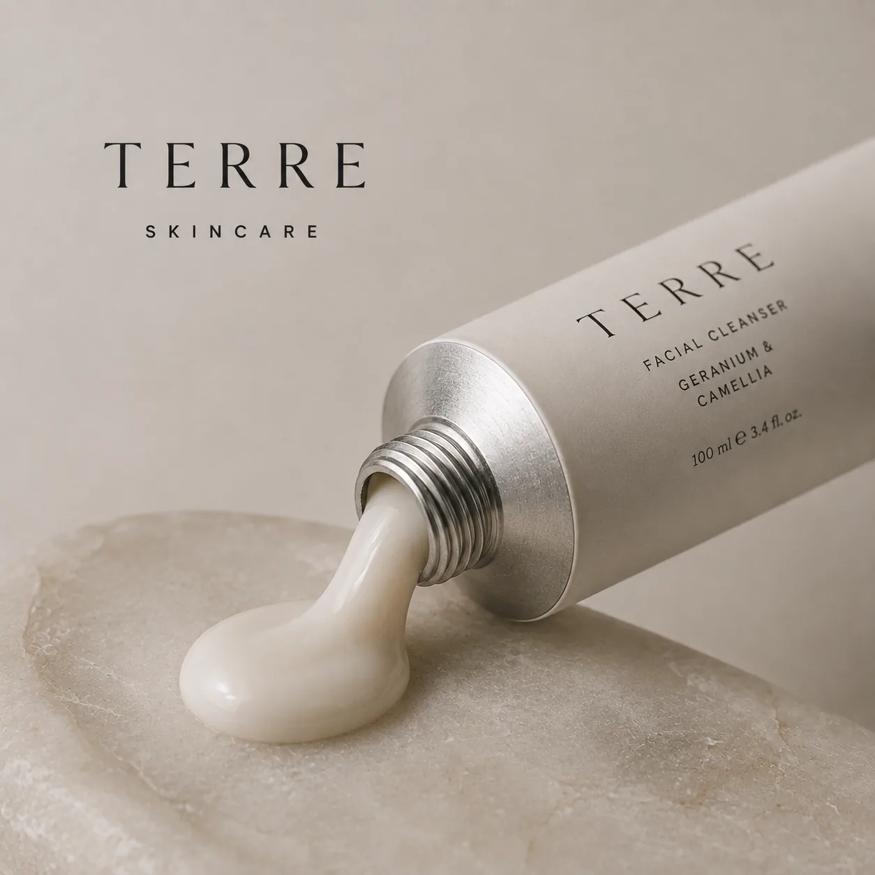 Editorial skincare packaging in a tactile neutral setting
